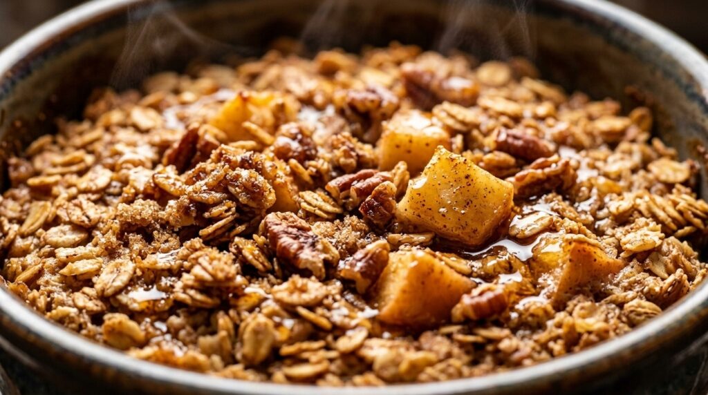 Cozy apple cinnamon baked oatmeal slice with pecans and maple syrup in baking dish