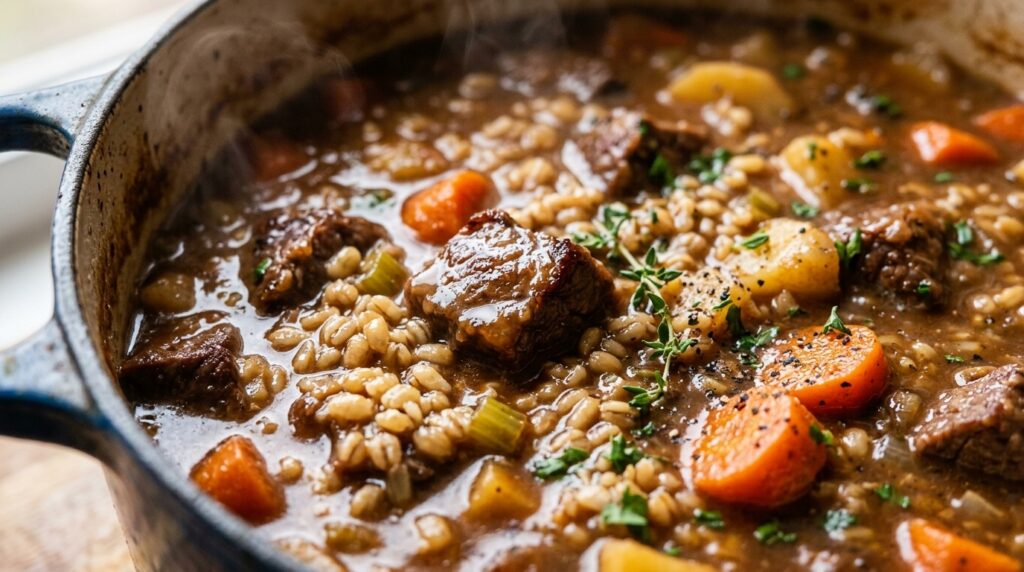 Cozy beef and vegetable barley stew simmering in Dutch oven with tender beef, plump pearl barley, and carrots