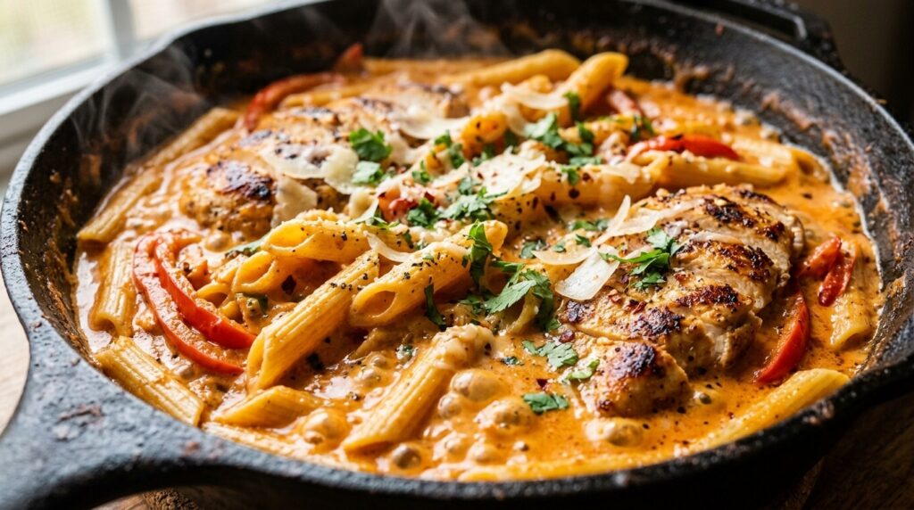 Creamy chipotle chicken pasta simmering in a cast iron skillet with golden chicken cutlets, bell peppers, and fresh cilantro