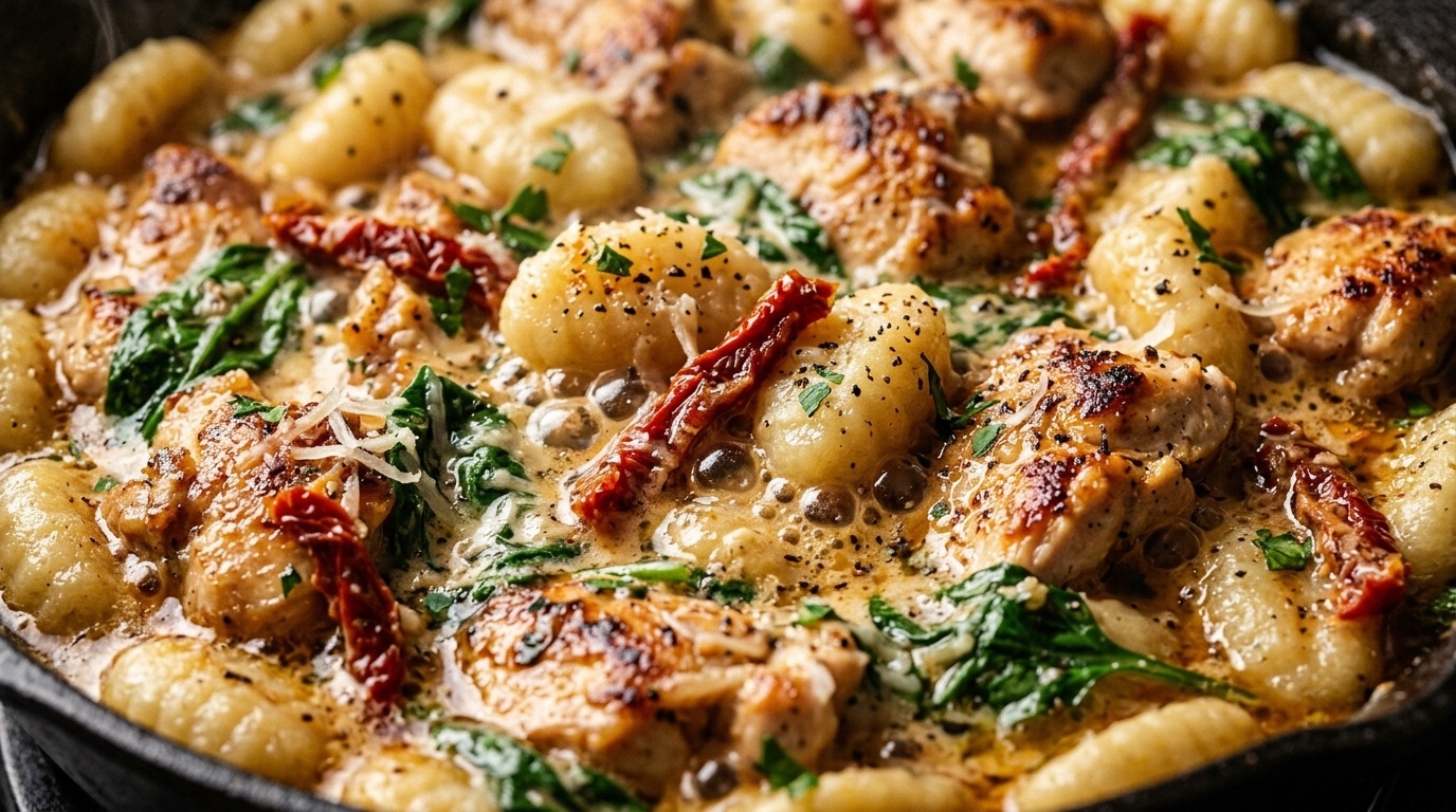 Creamy garlic parmesan chicken gnocchi skillet with sun-dried tomatoes, wilted spinach, and tender golden chicken bites