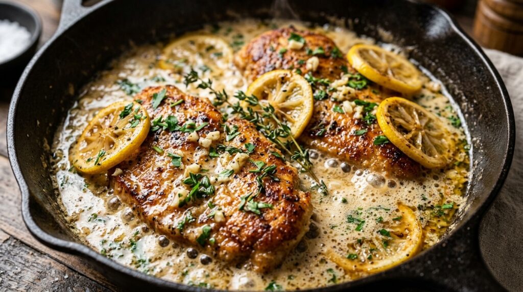 Golden pan-seared chicken cutlets simmering in creamy garlic lemon herb butter sauce in skillet
