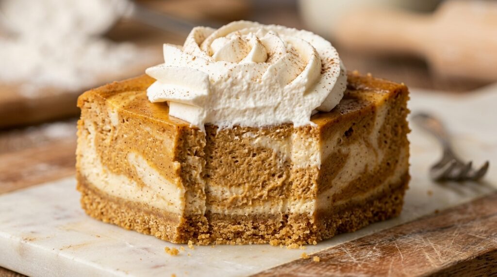 Creamy spiced pumpkin cheesecake bar slice with graham cracker crust and whipped cream rosette