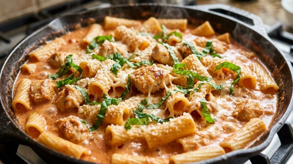 One-pot creamy tomato basil chicken rigatoni simmering in skillet with melted cheese and fresh basil