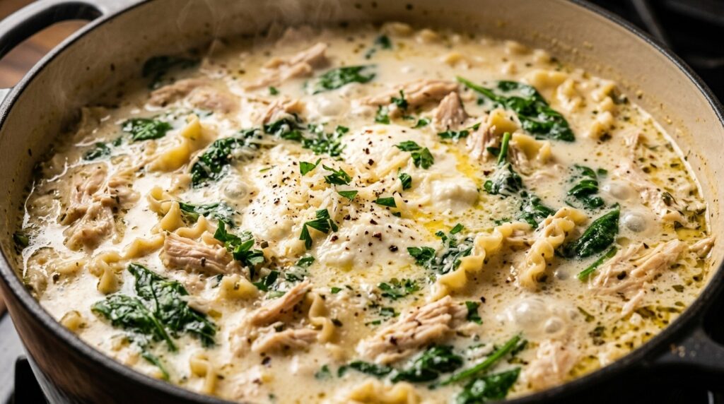 Creamy white chicken lasagna soup simmering in a Dutch oven with pasta and fresh ricotta