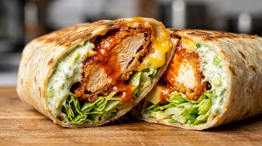 Crispy buffalo chicken wrap sliced in half with melted cheese, crispy tenders, and cool avocado ranch