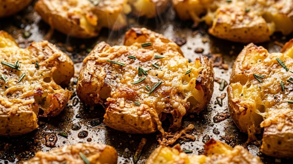 Crispy smashed roasted garlic herb baby potatoes with parmesan cheese and fresh rosemary on baking sheet
