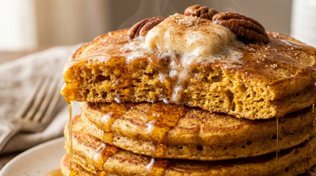 Fluffy pumpkin spice buttermilk pancakes stack with melting cinnamon maple butter and pure maple syrup
