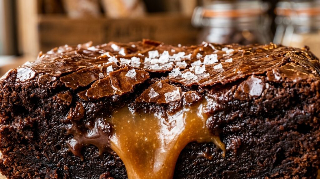 Ultra fudgy dark chocolate espresso brownie macro shot showing glossy crinkly top, molten caramel center, and flaky sea salt