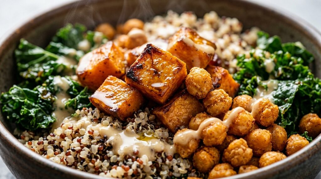 Harvest roasted sweet potato and quinoa bowl with crispy spiced chickpeas, massaged kale, and maple tahini drizzle