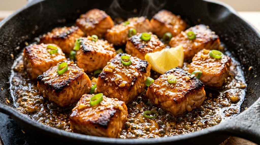 Golden pan-seared honey garlic butter salmon bites sizzling in cast iron skillet with sesame seeds