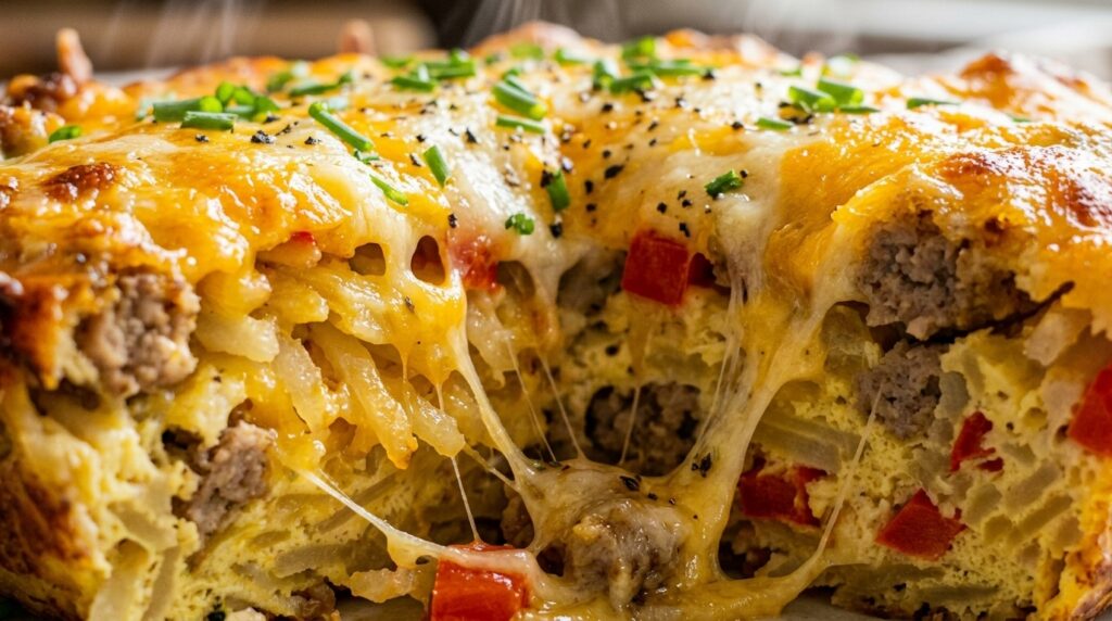 Cheesy loaded hashbrown breakfast casserole slice cut open with melted cheese pull, browned turkey sausage, and fresh chives