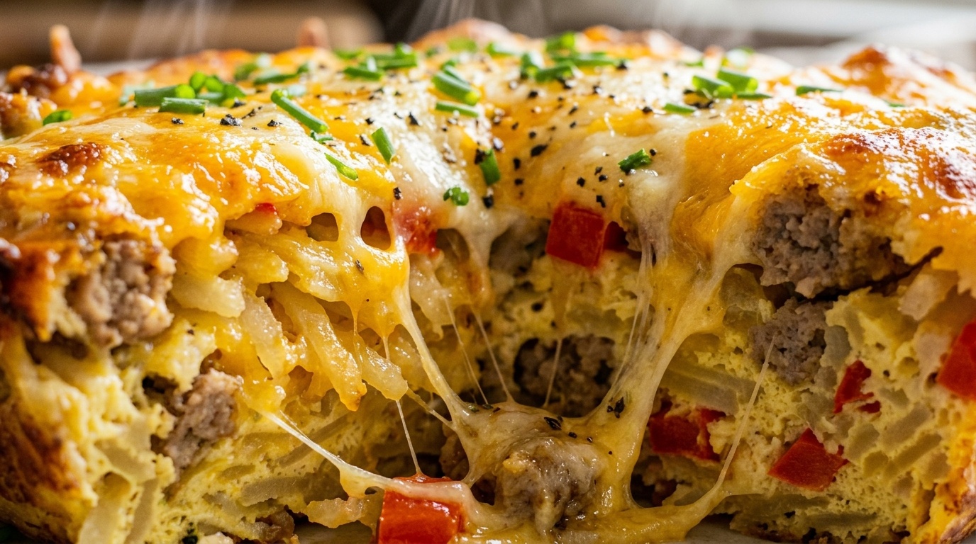 Cheesy loaded hashbrown breakfast casserole slice cut open with melted cheese pull, browned turkey sausage, and fresh chives