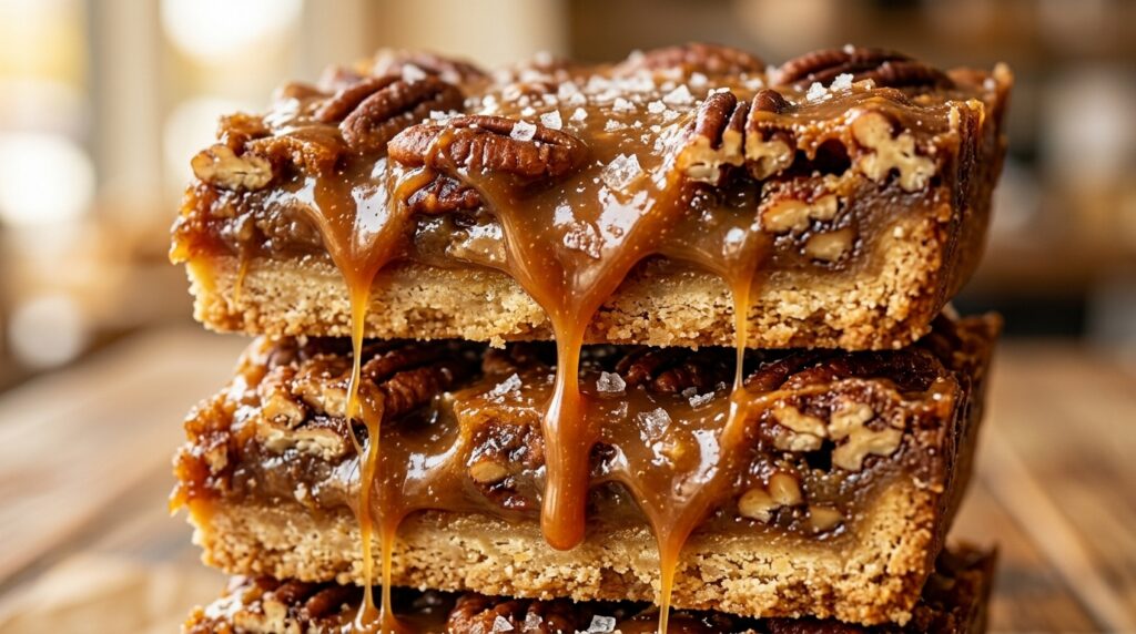 Gourmet salted caramel pecan pie bars stacked with thick layers of golden shortbread, gooey caramel, toasted pecans, and flaky sea salt