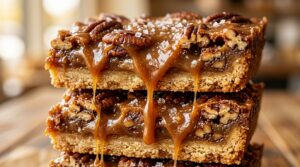 Gourmet salted caramel pecan pie bars stacked with thick layers of golden shortbread, gooey caramel, toasted pecans, and flaky sea salt