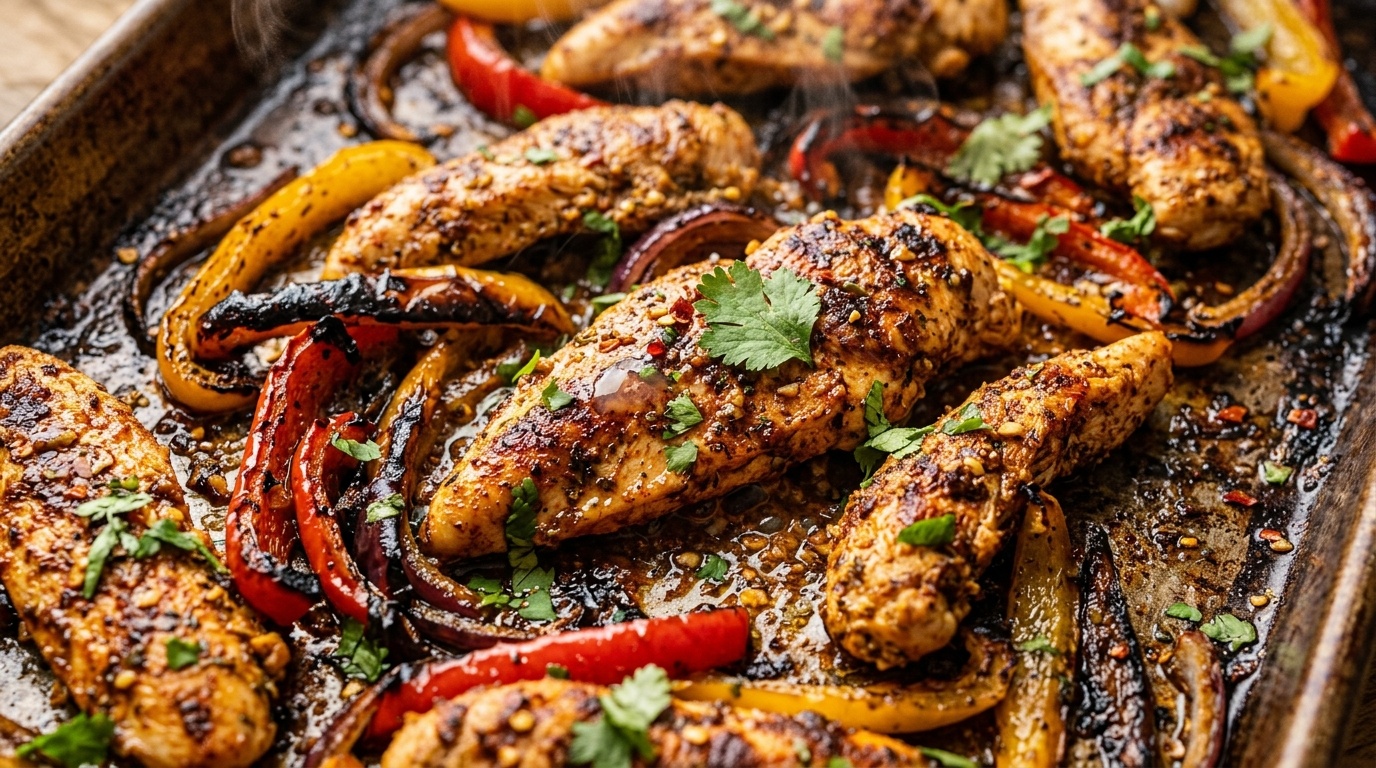 Sizzling sheet pan garlic lime chicken fajitas with charred bell peppers and caramelized red onions