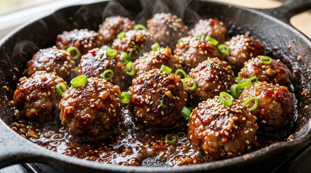 Sticky sweet chili garlic beef meatballs simmering in cast iron skillet with toasted sesame seeds and green scallions