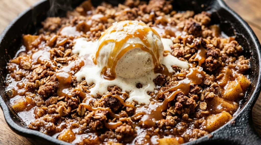 Warm salted caramel apple crisp fresh out of the oven in a cast iron skillet with melting vanilla ice cream