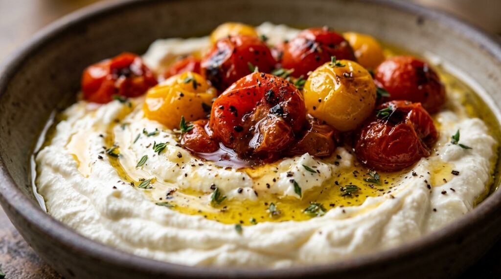 Creamy whipped feta dip swirled in a bowl topped with warm blistered honey cherry tomatoes and garlic thyme olive oil