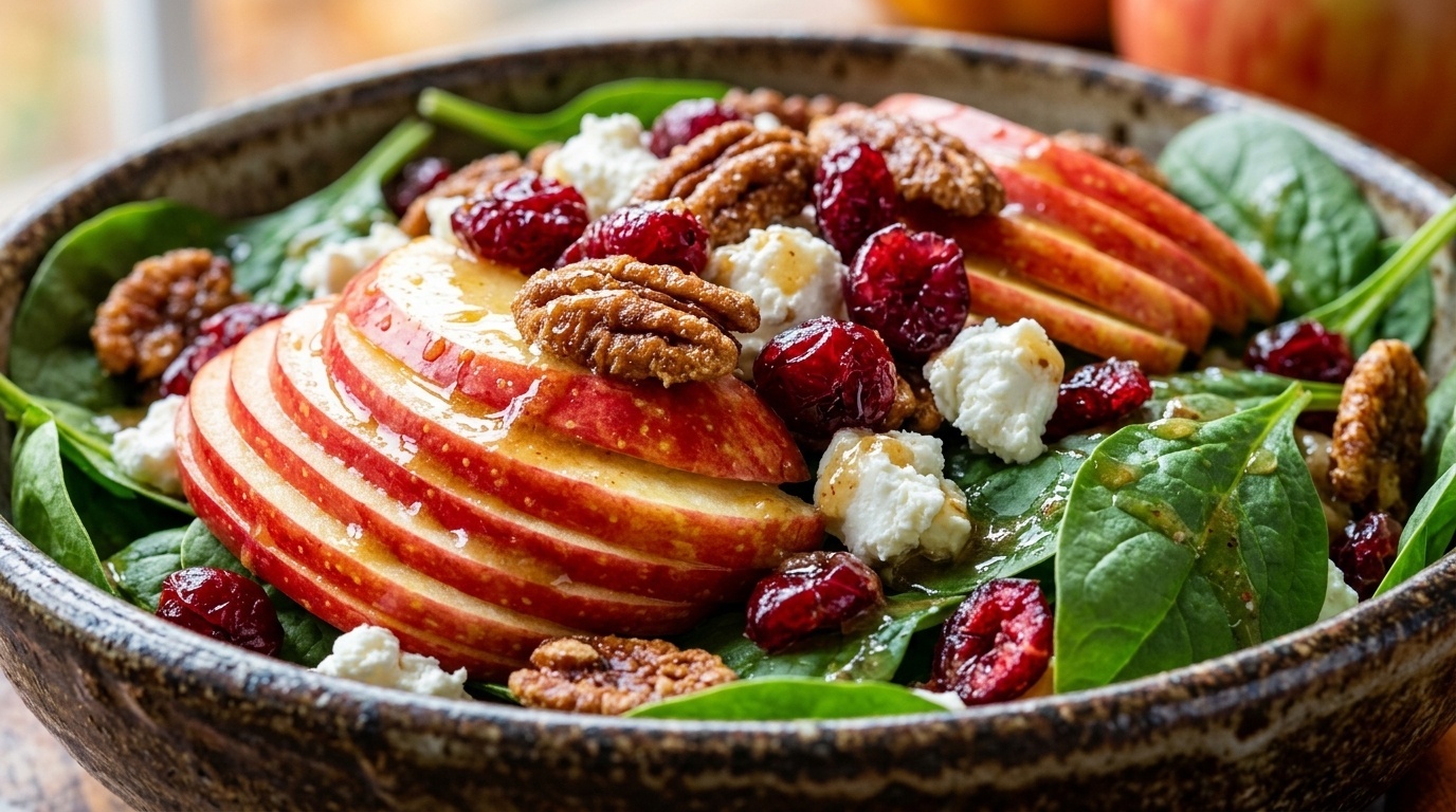 Autumn harvest apple pecan salad in a wooden bowl with sliced Honeycrisp apples, candied pecans, goat cheese, and dried cranberries