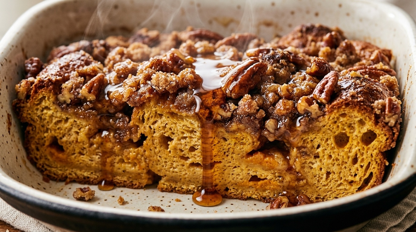 Ultra close-up macro view of warm baked pumpkin French toast casserole with spiced custard interior, toasted pecan streusel, and dripping maple syrup