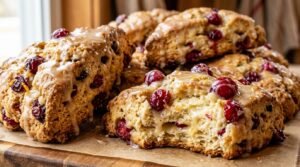 Ultra close-up macro view of bakery-style cranberry orange scones with golden craggy edges, burst tart cranberries, fragrant citrus zest, and thick orange glaze