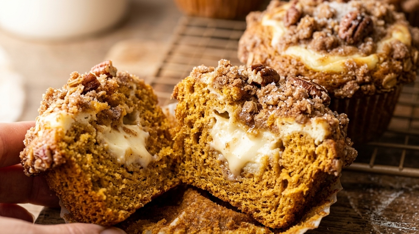 Ultra close-up macro view of bakery-style pumpkin cream cheese muffins with sweet cream cheese swirl, crunchy cinnamon pecan streusel, and moist spiced pumpkin crumb