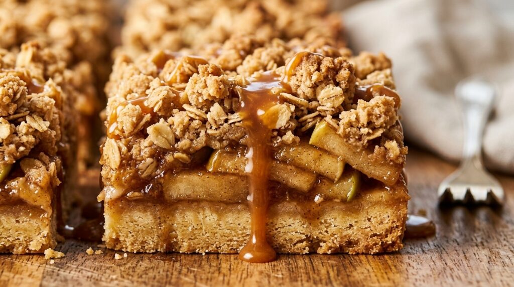 Ultra close-up macro view of freshly baked Dutch apple pie bars with buttery shortbread crust, caramelized spiced apples, crunchy oat streusel, and dripping salted caramel