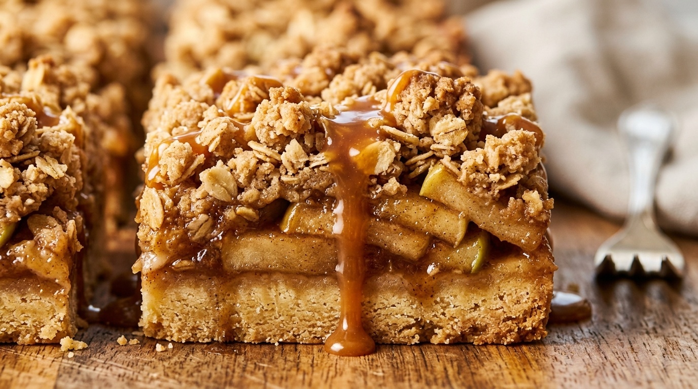 Ultra close-up macro view of freshly baked Dutch apple pie bars with buttery shortbread crust, caramelized spiced apples, crunchy oat streusel, and dripping salted caramel