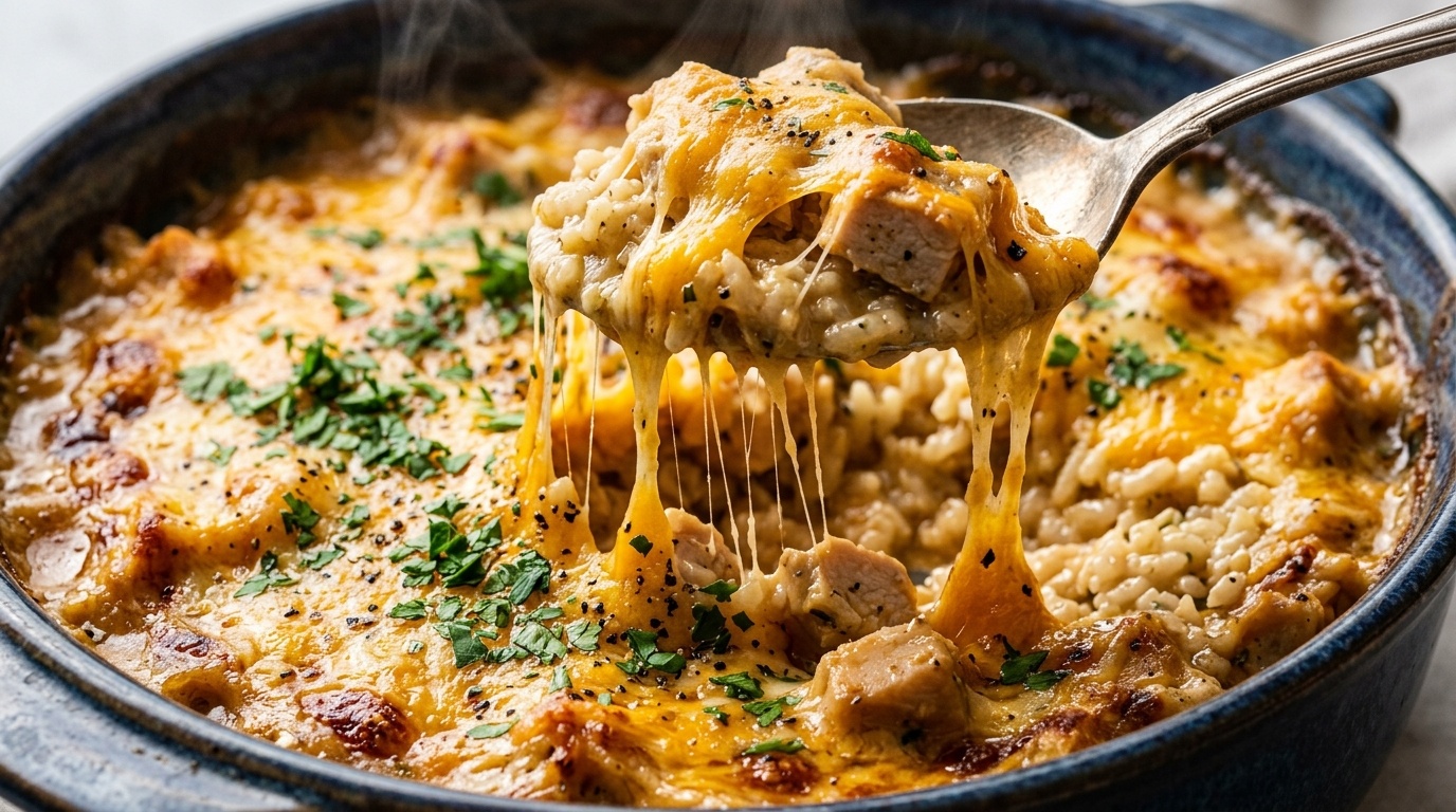 Ultra close-up macro view of cheesy garlic chicken and rice casserole with stretching melted sharp cheddar cheese strings, tender chicken cubes, and fluffy herb rice