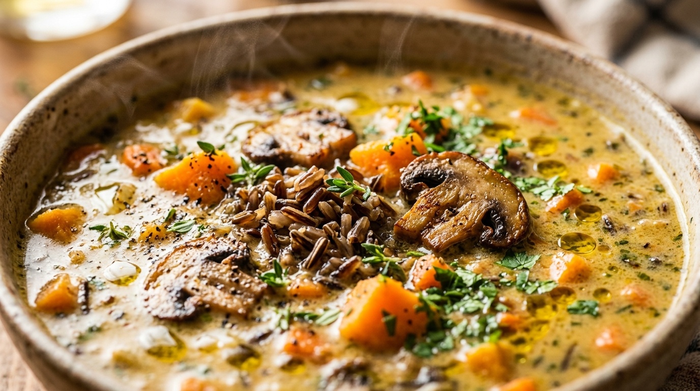 Cozy autumn wild rice vegetable soup with tender sweet potatoes, sliced mushrooms, and herbs in a creamy broth