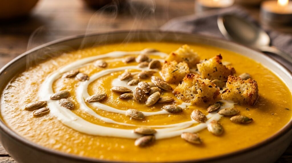 Creamy golden roasted butternut squash soup in a ceramic bowl garnished with toasted pumpkin seeds, cream swirl, and fresh sage