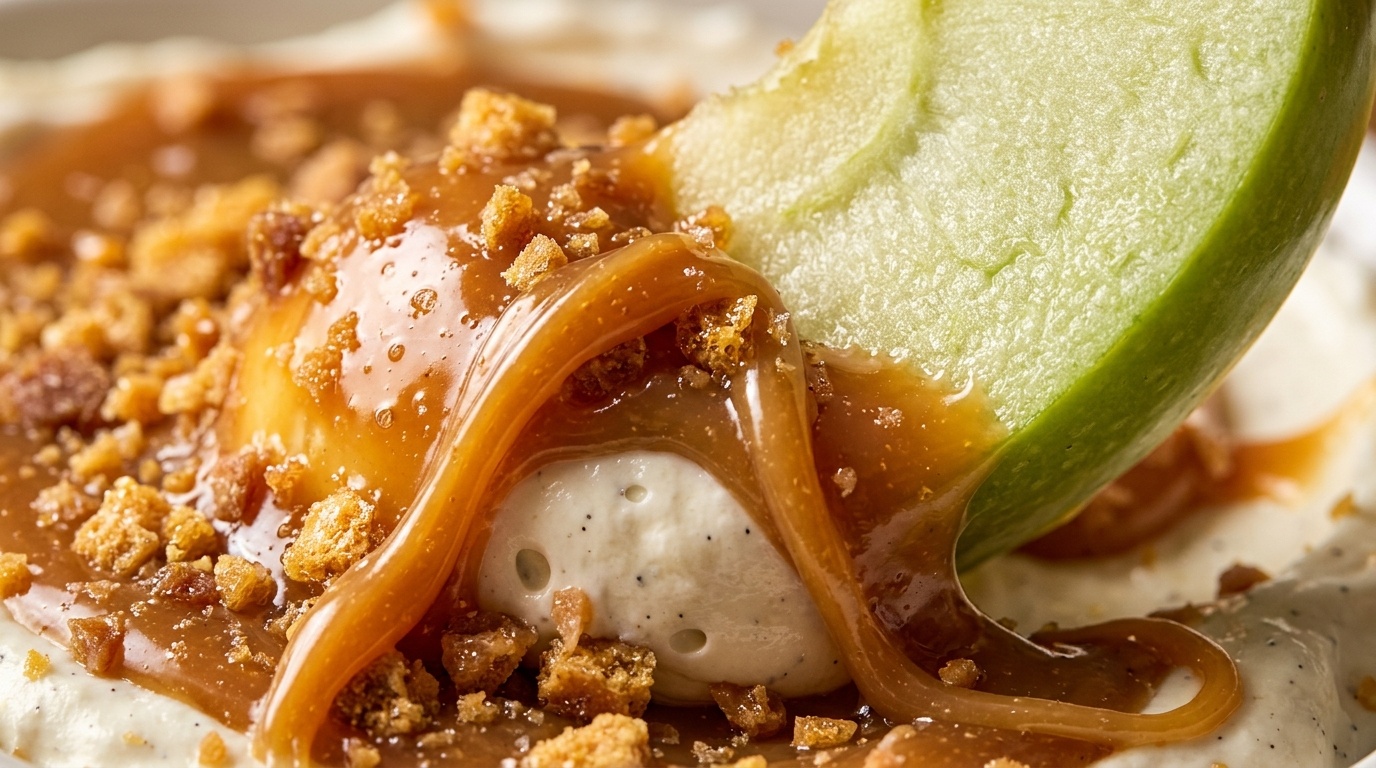 Green apple slice scooping through layered cream cheese caramel apple dip topped with toffee bits