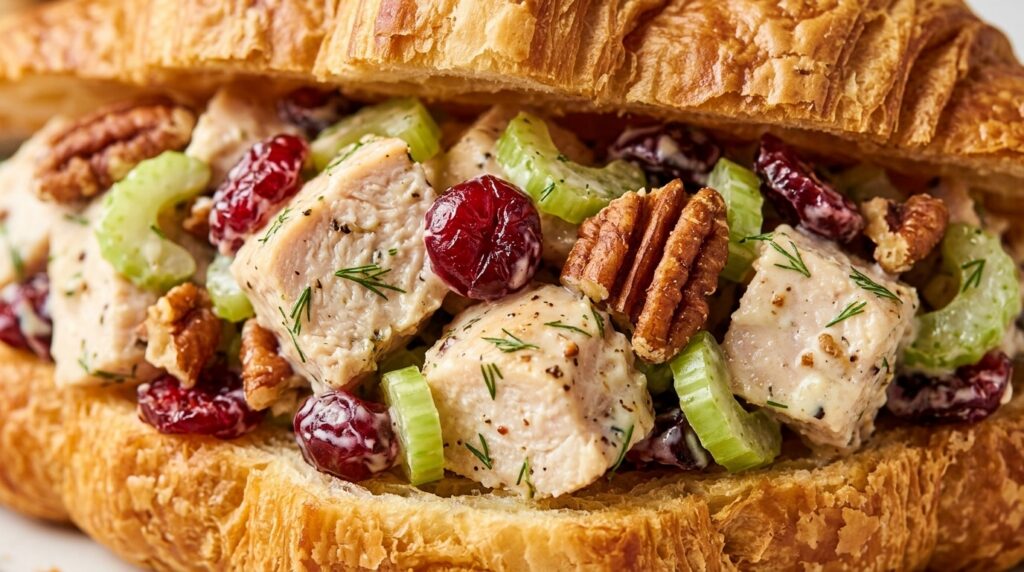 Ultra close-up macro view of creamy cranberry pecan chicken salad piled in a flaky butter croissant with tender chicken, dried cranberries, toasted pecans, and crisp celery