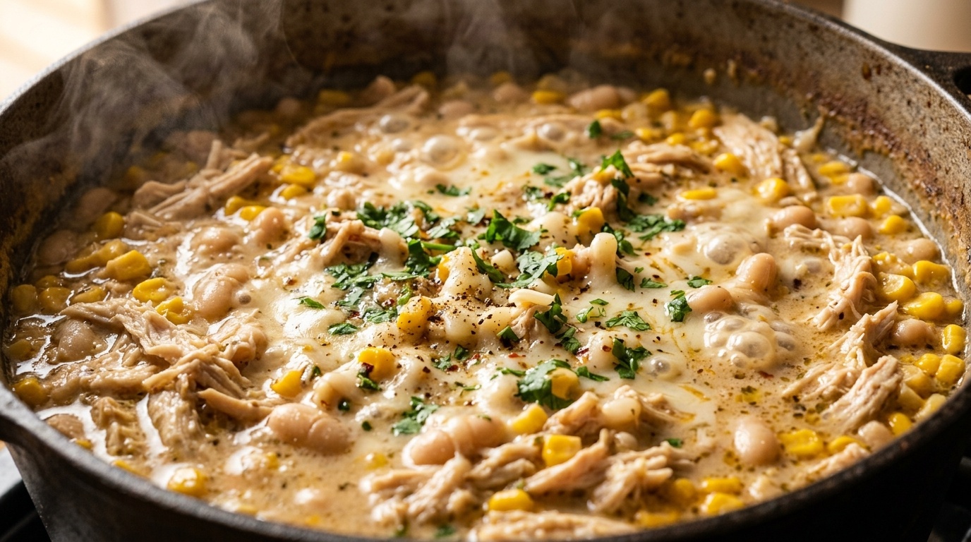 Ultra close-up macro view of creamy white chicken chili bubbling in a rustic Dutch oven with tender shredded chicken, white cannellini beans, golden corn, and melted Monterey Jack cheese