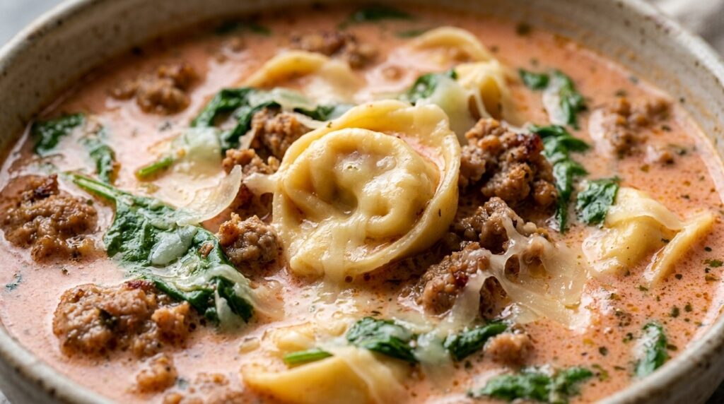 Creamy Italian sausage tortellini soup with tender spinach, crushed tomatoes, and shaved Parmesan cheese in an artisan bowl