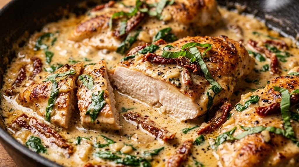 Ultra close-up macro view of Creamy Tuscan Garlic Chicken with golden pan-seared cutlets, rich garlic parmesan cream sauce, sun-dried tomatoes, and baby spinach