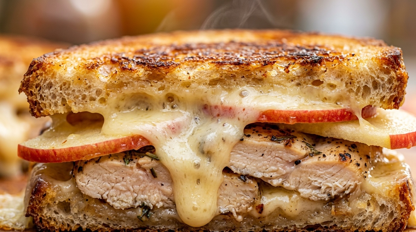 Ultra close-up macro view of toasted sourdough chicken melt overflowing with melted sharp white cheddar cheese, juicy seasoned chicken breast, and crisp sliced apples