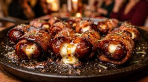 Ultra close-up macro view of sizzling crispy halal beef bacon wrapped dates stuffed with creamy goat cheese, toasted almonds, and glistening hot honey glaze