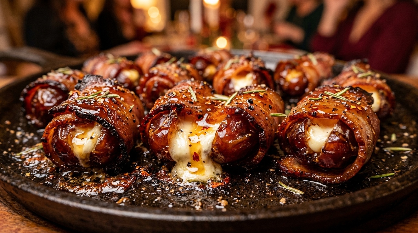 Ultra close-up macro view of sizzling crispy halal beef bacon wrapped dates stuffed with creamy goat cheese, toasted almonds, and glistening hot honey glaze