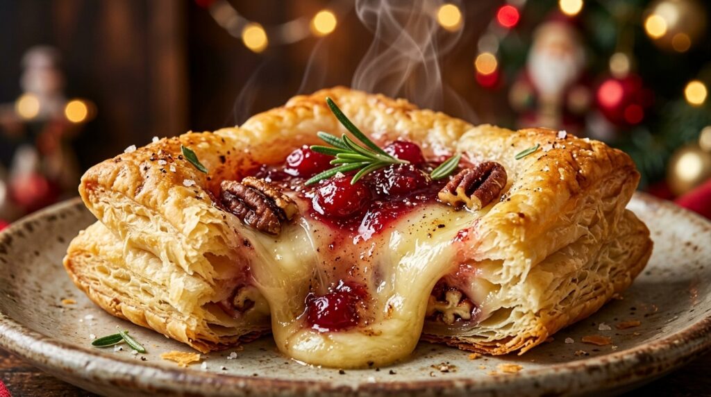 Ultra close-up macro view of golden flaky puff pastry cranberry brie bite with molten brie cheese stretching, ruby cranberry sauce, and toasted pecans