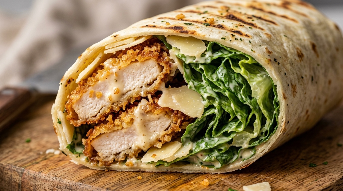 Crispy garlic chicken caesar wraps sliced in half showing crunchy golden chicken tenders, crisp romaine lettuce, and creamy garlic dressing