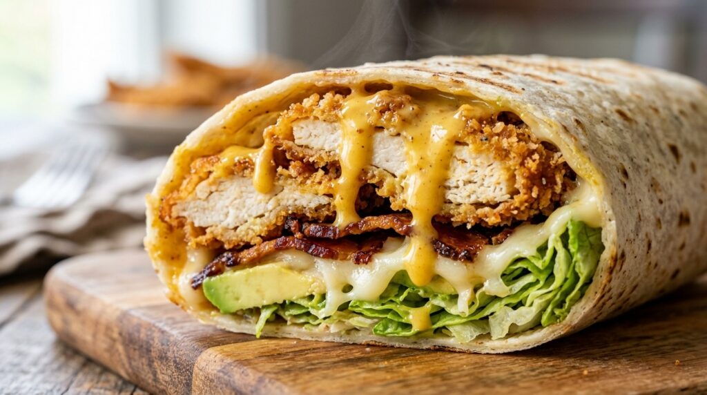 Ultra close-up macro view of a crispy honey mustard chicken wrap cut diagonally in half with golden fried chicken tenders, smoky halal beef bacon, melted white cheddar, avocado, and creamy honey Dijon sauce