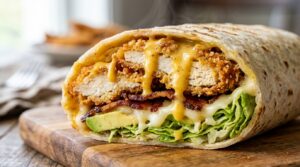 Ultra close-up macro view of a crispy honey mustard chicken wrap cut diagonally in half with golden fried chicken tenders, smoky halal beef bacon, melted white cheddar, avocado, and creamy honey Dijon sauce