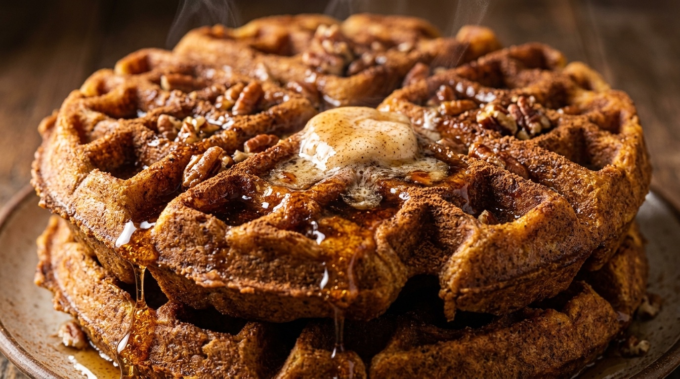 Ultra close-up macro view of golden crispy spiced pumpkin Belgian waffles with deep pockets, melting cinnamon maple butter, and dripping pure maple syrup