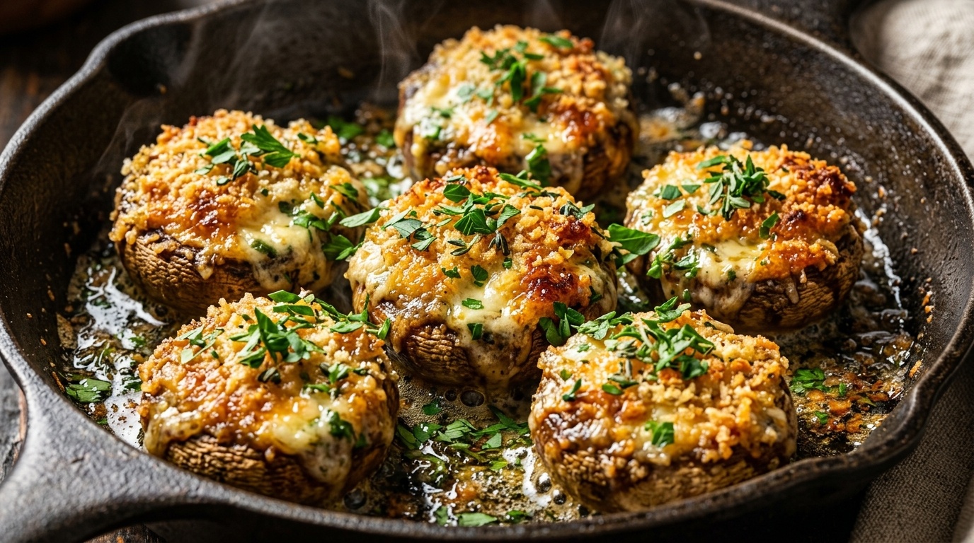 Ultra close-up macro view of hot garlic herb stuffed mushrooms bubbling with melted cheese and crispy golden panko topping