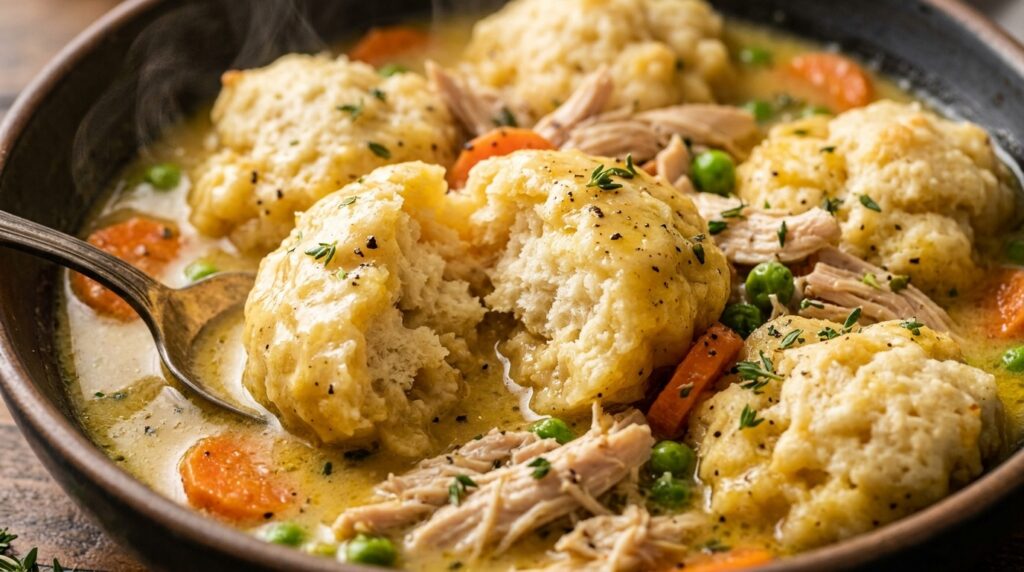 Ultra close-up macro view of cozy Southern chicken and dumplings with cloud-fluffy buttermilk drop dumplings, tender shredded chicken, and savory herb velouté broth