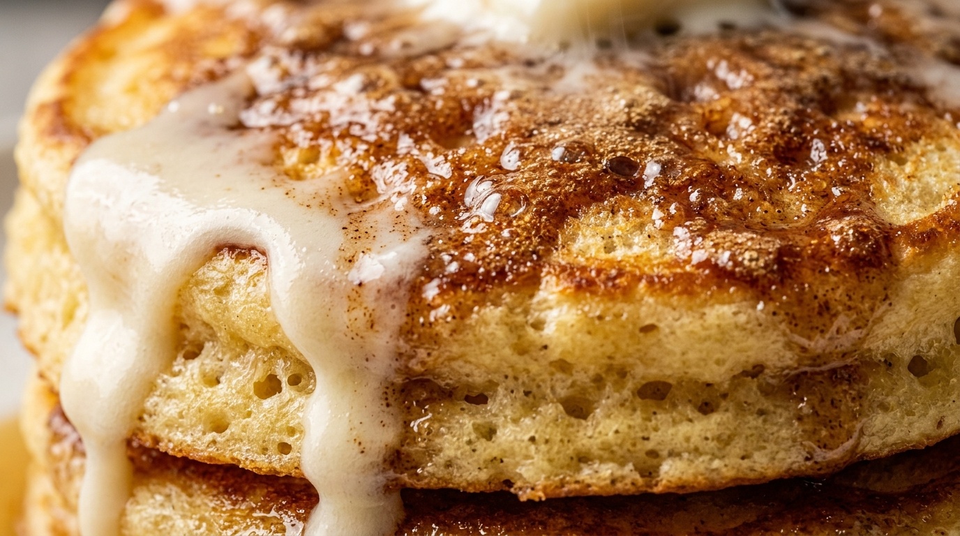 Fluffy cinnamon roll pancakes with brown sugar cinnamon swirl and warm cream cheese glaze