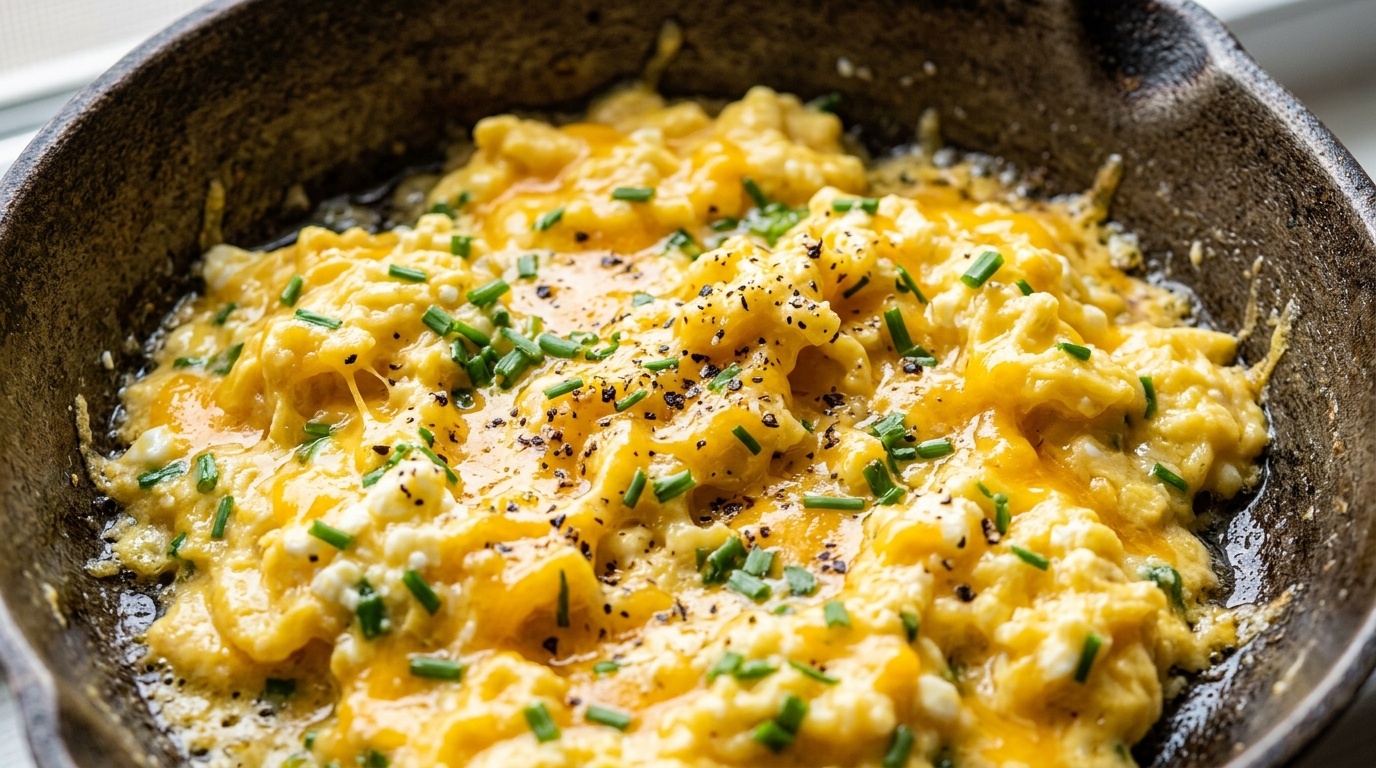 Fluffy golden scrambled eggs with cottage cheese and melted cheddar in a cast iron skillet garnished with fresh chives