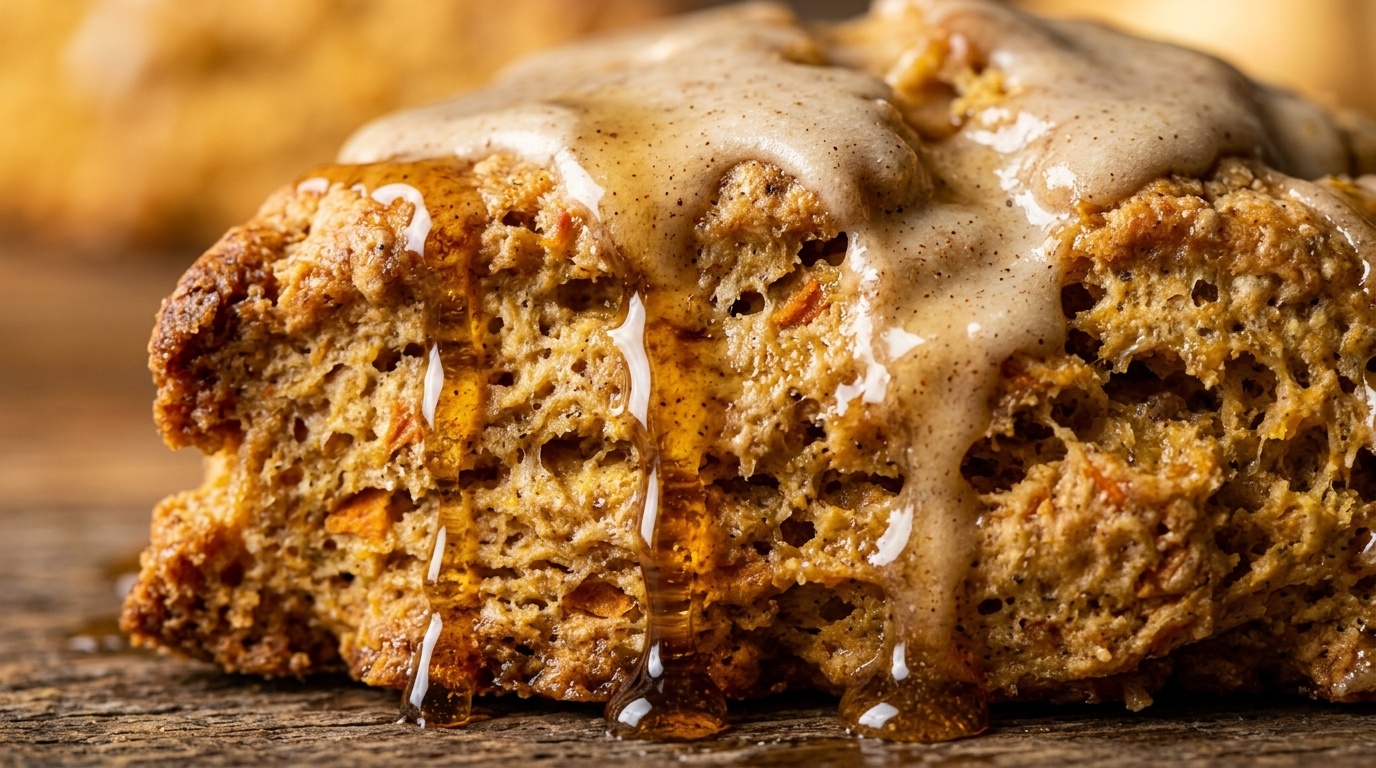 Ultra close-up macro view of freshly baked spiced pumpkin scone with thick vanilla spiced glaze and dripping pure maple syrup drizzle