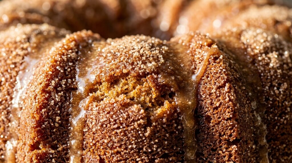 Glazed apple cider donut bundt cake with crunchy cinnamon sugar coating and reduced cider glaze